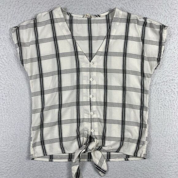 Fat Face Shirt Womens 2 Beige Black Check Tie Waist Top Casual V Neck Minimalist - Picture 1 of 12